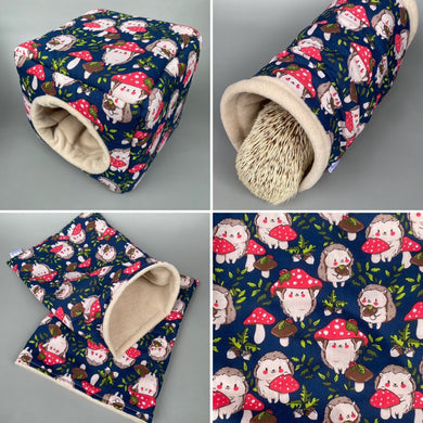 Hedgehogs with Mushroom Hats full cage set. Cube house, snuggle sack, tunnel cage set for hedgehogs