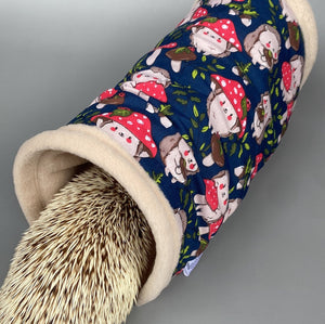 Hedgehogs with Mushroom Hats mini set. Tunnel, snuggle sack and toys. Fleece bedding.