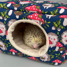 Load image into Gallery viewer, LARGE Hedgehogs with Mushroom Hats full cage set. Large cosy house, snuggle sack, tunnel set for hedgehog or guinea pigs.