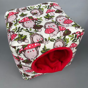 Cream Hedgehogs with Mushroom Hats cosy cube house. Hedgehog and guinea pig cube house. Padded fleece lined house.