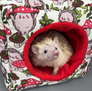 Cream Hedgehogs with Mushroom Hats cosy cube house. Hedgehog and guinea pig cube house. Padded fleece lined house.