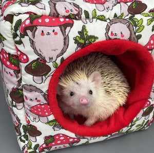 Cream Hedgehogs with Mushroom Hats cosy cube house. Hedgehog and guinea pig cube house. Padded fleece lined house.
