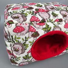 Load image into Gallery viewer, LARGE Cream Hedgehogs with Mushroom Hats cosy bed. Cosy cuddle Cube. Snuggle house. Fleece hidey. Padded house for guinea pig.