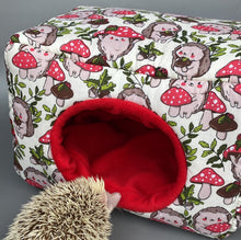 Load image into Gallery viewer, LARGE Cream Hedgehogs with Mushroom Hats cosy bed. Cosy cuddle Cube. Snuggle house. Fleece hidey. Padded house for guinea pig.
