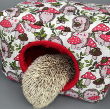 Load image into Gallery viewer, LARGE Cream Hedgehogs with Mushroom Hats cosy bed. Cosy cuddle Cube. Snuggle house. Fleece hidey. Padded house for guinea pig.