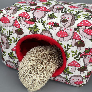LARGE Cream Hedgehogs with Mushroom Hats cosy bed. Cosy cuddle Cube. Snuggle house. Fleece hidey. Padded house for guinea pig.