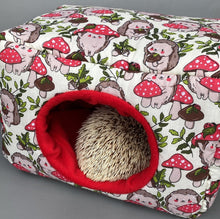 Load image into Gallery viewer, LARGE Cream Hedgehogs with Mushroom Hats cosy bed. Cosy cuddle Cube. Snuggle house. Fleece hidey. Padded house for guinea pig.