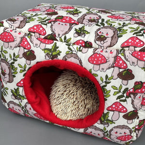 LARGE Cream Hedgehogs with Mushroom Hats cosy bed. Cosy cuddle Cube. Snuggle house. Fleece hidey. Padded house for guinea pig.