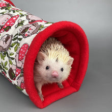 Load image into Gallery viewer, Cream Hedgehogs with Mushroom Hats stay open tunnel. Padded fleece tunnel. Tube for hedgehogs, rats and small pets. Small pet cosy tunnel.