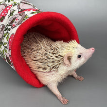 Load image into Gallery viewer, Cream Hedgehogs with Mushroom Hats stay open tunnel. Padded fleece tunnel. Tube for hedgehogs, rats and small pets. Small pet cosy tunnel.