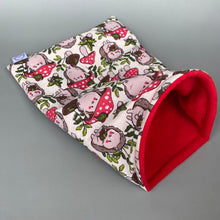 Load image into Gallery viewer, Cream Hedgehogs with Mushroom Hats snuggle sack or snuggle pouch. Fleece lined sleeping bag for hedgehogs, guinea pigs and small animals