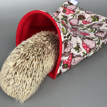 Load image into Gallery viewer, Cream Hedgehogs with Mushroom Hats snuggle sack or snuggle pouch. Fleece lined sleeping bag for hedgehogs, guinea pigs and small animals