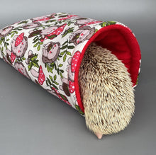 Load image into Gallery viewer, Cream Hedgehogs with Mushroom Hats cosy snuggle cave. Padded stay open snuggle sack. Hedgehog bed. Fleece pet bedding.