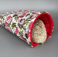 Load image into Gallery viewer, Cream Hedgehogs with Mushroom Hats cosy snuggle cave. Padded stay open snuggle sack. Hedgehog bed. Fleece pet bedding.