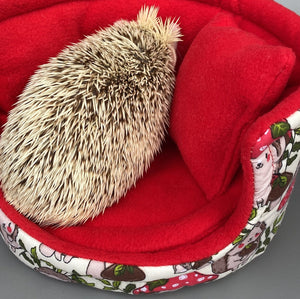 Cream Hedgehogs with Mushroom Hats cuddle cup. Pet sofa. Hedgehog and small guinea pig bed. Small pet beds. Fleece sofa bed.