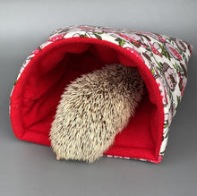 Load image into Gallery viewer, LARGE Cream Hedgehogs with Mushroom Hats cosy snuggle cave. Padded stay open snuggle sack. Fleece pet bed. Stay open padded cave.