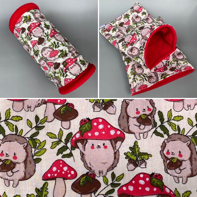 Cream Hedgehogs with Mushroom Hats mini set. Tunnel, snuggle sack and toys. Fleece bedding. Hedgehog fleece tunnel and pouch.