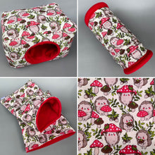 Load image into Gallery viewer, LARGE Cream Hedgehogs with Mushroom Hats full cage set. Large cosy house, snuggle sack, tunnel set for hedgehog or guinea pigs.
