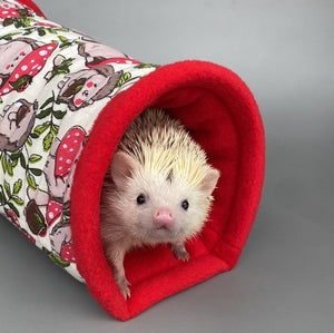 Cream Hedgehogs with Mushroom Hats full cage set. Corner house, snuggle sack, tunnel cage set for hedgehog or small pet.
