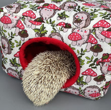 Load image into Gallery viewer, LARGE Cream Hedgehogs with Mushroom Hats full cage set. Large cosy house, snuggle sack, tunnel set for hedgehog or guinea pigs.