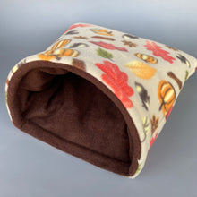 Load image into Gallery viewer, LARGE Autumn Spice fleece cosy snuggle cave. Padded stay open snuggle bed. Fleece pet bed. Guinea pig bed.