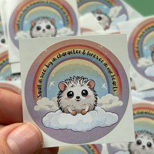 Load image into Gallery viewer, Rainbow hedgehog stickers. 51mm x 51mm circle gloss sticker. Pet loss sticker. Small in size, big in character and forever in our hearts.