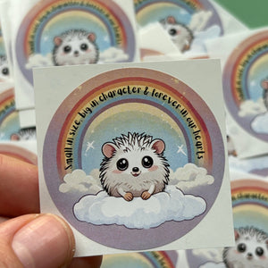 Rainbow hedgehog stickers. 51mm x 51mm circle gloss sticker. Pet loss sticker. Small in size, big in character and forever in our hearts.