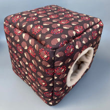 Load image into Gallery viewer, Autumn hedgehogs cosy cube house. Hedgehog and guinea pig padded fleece lined house.