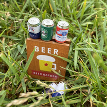 Load image into Gallery viewer, Mini Beer Garden board sign, beers and burger for photos. Photo props