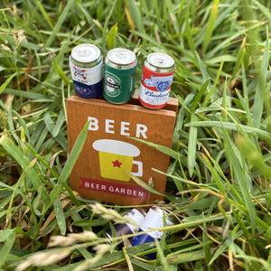 Mini Beer Garden board sign, beers and burger for photos. Photo props