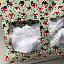 Load image into Gallery viewer, Dapper Mr Fox hanging hay bag for guinea pigs. Cotton hay feeder.