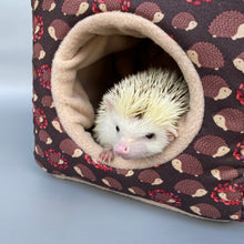 Load image into Gallery viewer, Autumn hedgehogs cosy cube house. Hedgehog and guinea pig padded fleece lined house.