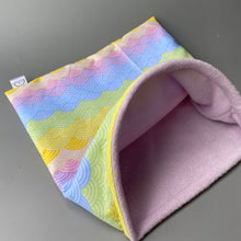 Load image into Gallery viewer, LARGE Pastel rainbows snuggle sack. Snuggle pouch/sleeping bag for hedgehogs, guinea pig and other small animals.