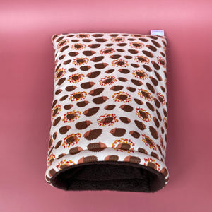 Autumn Hedgehogs cosy snuggle cave. Padded stay open hedgehog bed.