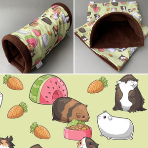 Guinea pigs mini set. Regular size tunnel, snuggle sack and toys. Fleece bedding. Guinea pig fleece tunnel and sleeping pouch.