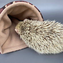 Load image into Gallery viewer, Autumn Hedgehogs cosy snugAutumn Hedgehogs cosy snuggle cave. gle cave. Padded stay open hedgehog bed.