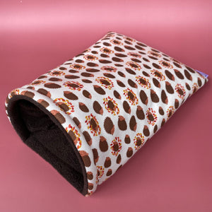Autumn Hedgehogs cosy snuggle cave. Padded stay open hedgehog bed.