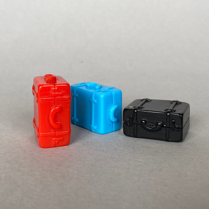 Suitcase photo props. Resin photo props. Red, blue and black travel bags.