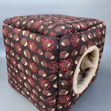 Load image into Gallery viewer, Autumn hedgehogs cosy cube house. Hedgehog and guinea pig padded fleece lined house.