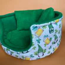 Load image into Gallery viewer, LARGE Irish gnome cuddle cup. Pet sofa. Guinea pig bed. Pet beds. Fleece bed.