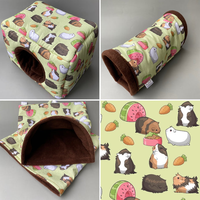 Guinea Pigs full cage set. LARGE house, large snuggle sack, regular tunnel cage set for guinea pigs.