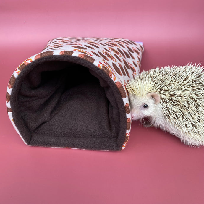 Autumn Hedgehogs cosy snuggle cave. Padded stay open hedgehog bed.