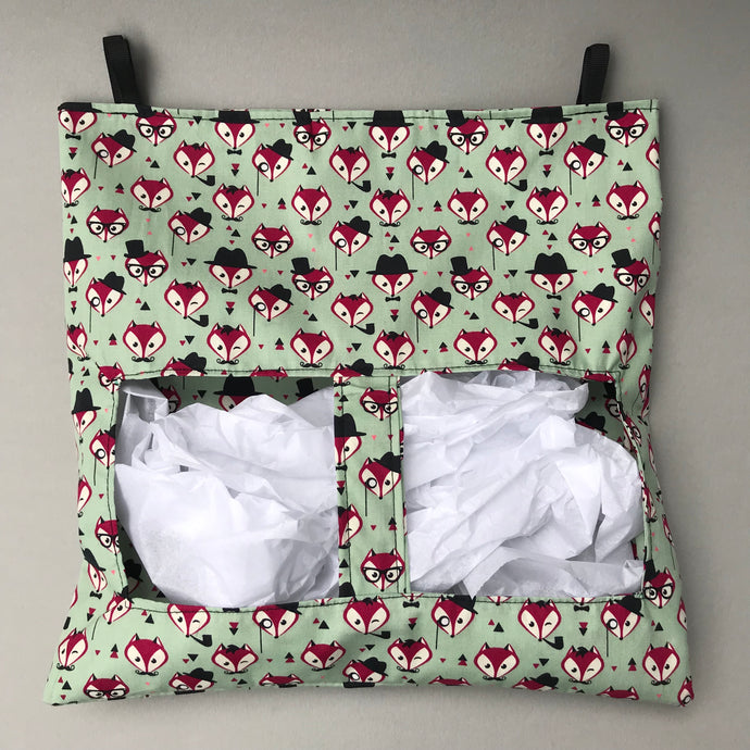 Dapper Mr Fox hanging hay bag for guinea pigs. Cotton hay feeder.
