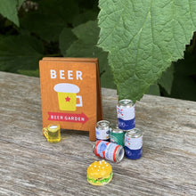 Load image into Gallery viewer, Mini Beer Garden board sign, beers and burger for photos. Photo props