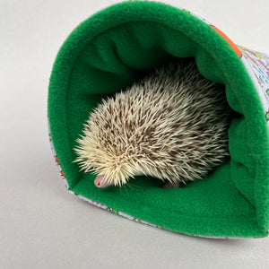 Drama Llama cosy snuggle cave. Padded stay open snuggle sack. Hedgehog bed. Fleece pet bedding.