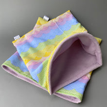 Load image into Gallery viewer, LARGE Pastel rainbows snuggle sack. Snuggle pouch/sleeping bag for hedgehogs, guinea pig and other small animals.