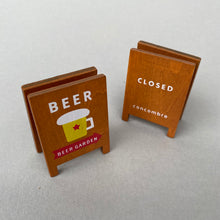 Load image into Gallery viewer, Mini Beer Garden board sign, beers and burger for photos. Photo props