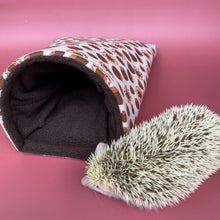 Load image into Gallery viewer, Autumn Hedgehogs cosy snuggle cave. Padded stay open hedgehog bed.