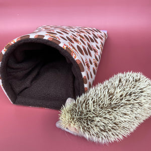 Autumn Hedgehogs cosy snuggle cave. Padded stay open hedgehog bed.