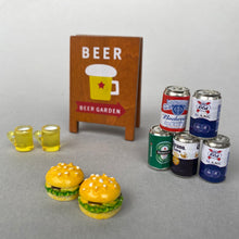 Load image into Gallery viewer, Mini Beer Garden board sign, beers and burger for photos. Photo props